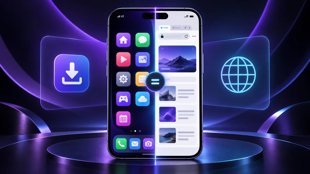 Telefon skrin terbahagi yang membandingkan aplikasi generik dengan pelayar mudah alih untuk panduan akses Bodabet