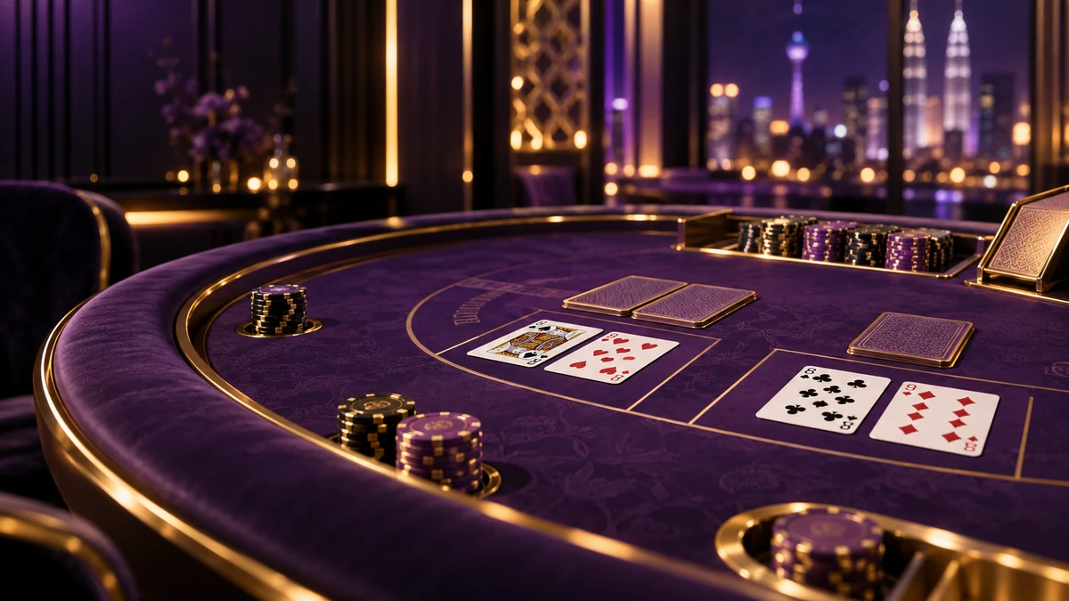 Purple and gold live baccarat table with cards and chips for the Bodabet live baccarat guide