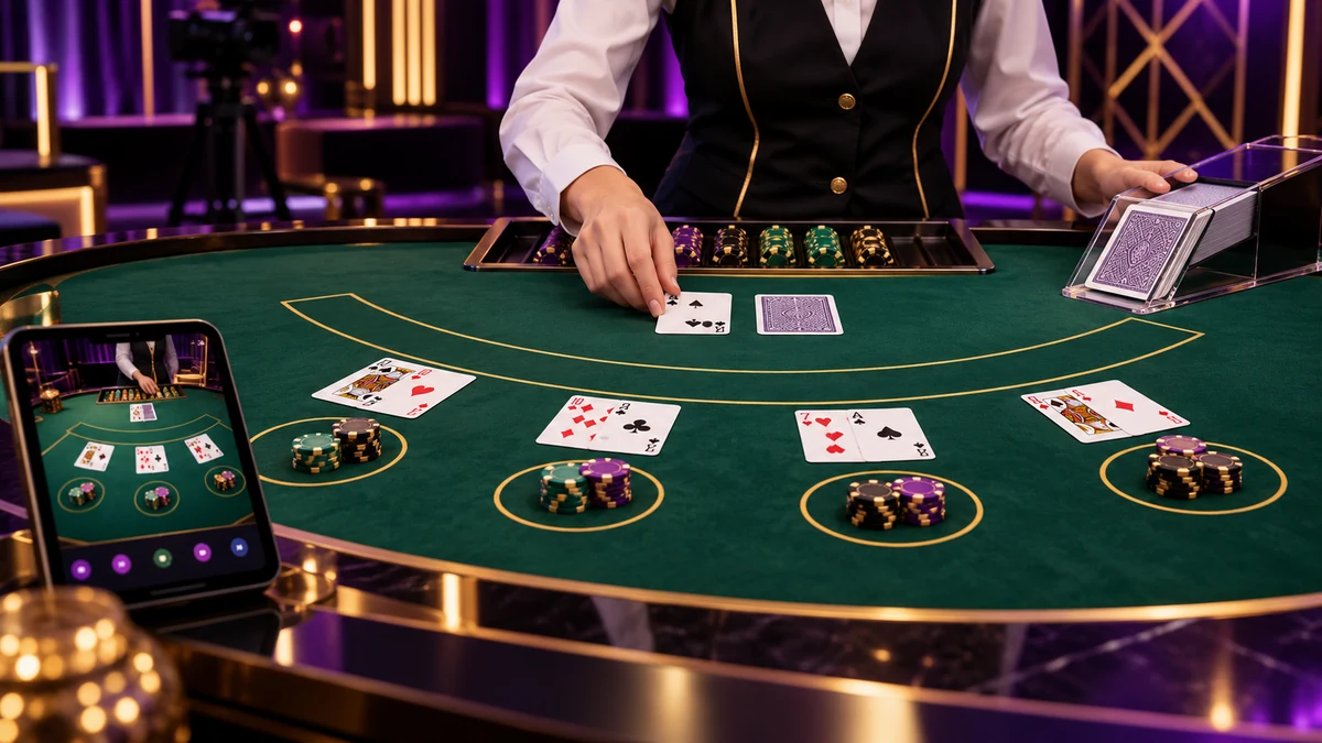 Unbranded live blackjack table with dealt cards, chips and a generic mobile interface in a purple and gold live-casino studio