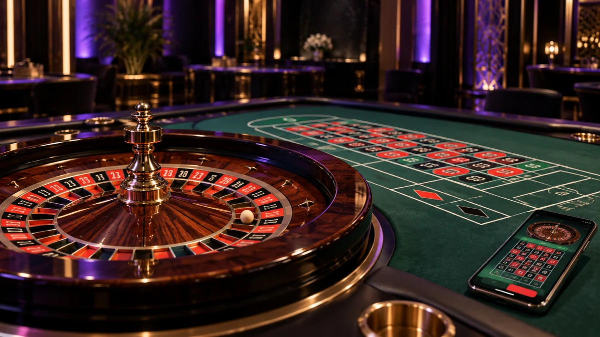 Unbranded single-zero roulette wheel, green betting layout and generic mobile table interface in a purple and gold live-casino studio