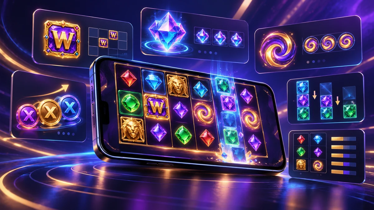 Papan maklumat slot mudah alih ungu tanpa jenama dengan simbol abstrak Wild, Scatter, Free Games, Multiplier dan ciri cascade