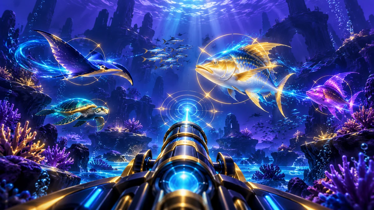 Arcade-style underwater fishing game scene with a cannon and glowing fish for the Bodabet guide