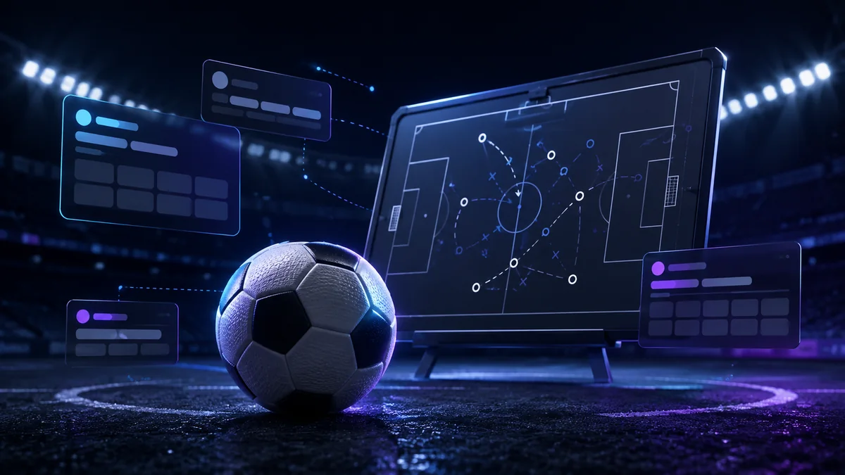 Ilustrasi panduan bola sepak Bodabet dengan bola, papan taktikal dan antara muka odds