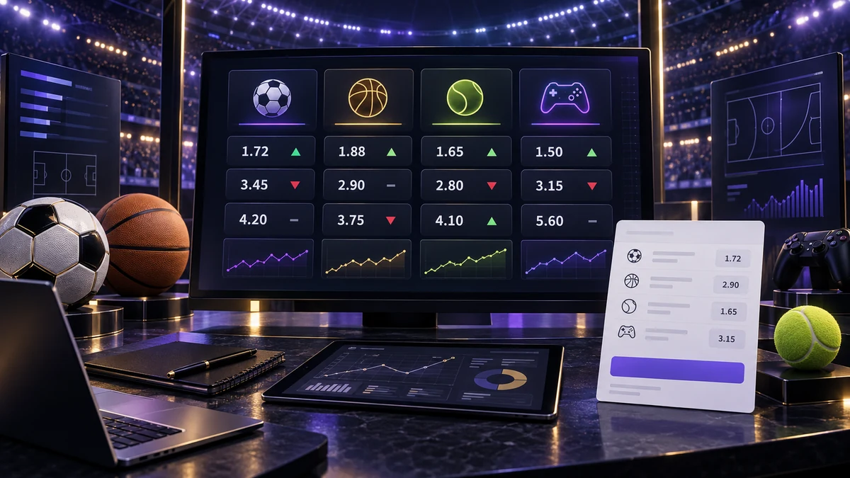 Meja analisis odds sukan dengan simbol bola sepak, bola keranjang, tenis dan esports untuk panduan Bodabet