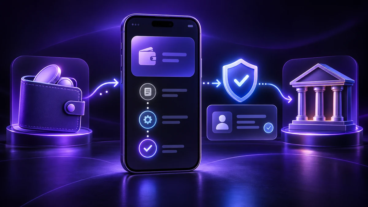 Aliran pengeluaran ungu tanpa jenama daripada dompet digital melalui pengesahan mobile selamat ke sebuah bank
