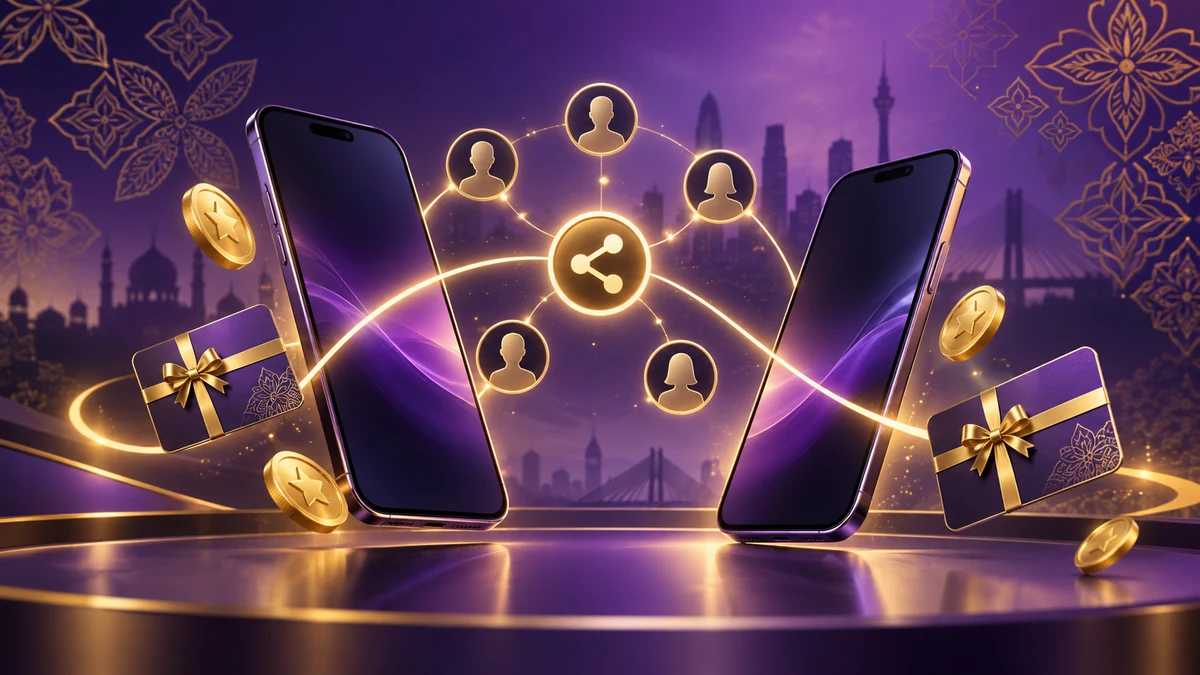 Dua telefon pintar ungu disambungkan rangkaian kongsi emas untuk panduan referral Bodabet