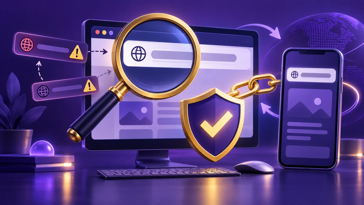 Bodabet link verification guide with a browser address bar, magnifying glass, shield, redirect arrows and connected link symbols