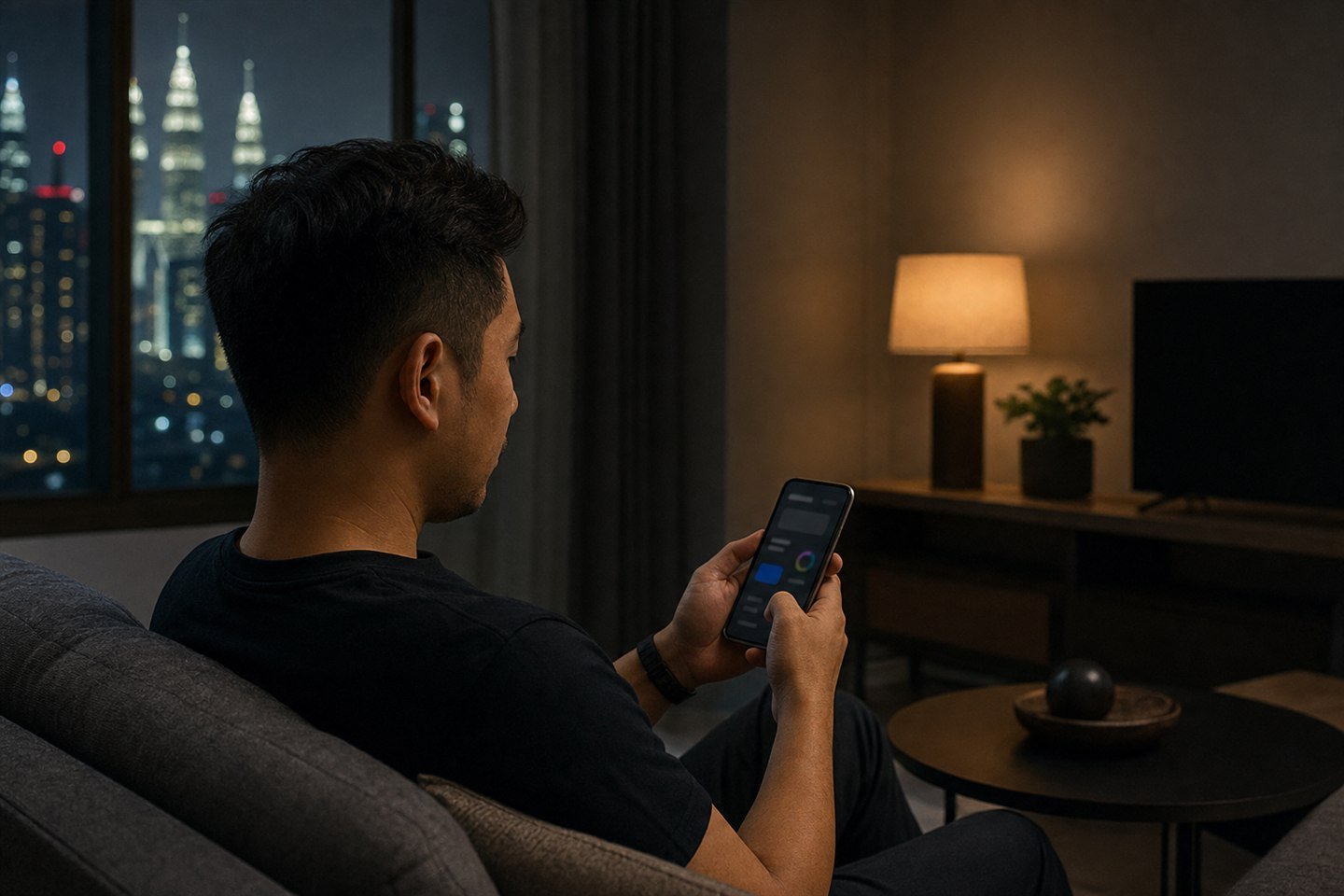 A mobile user browsing on a smartphone in a Kuala Lumpur apartment